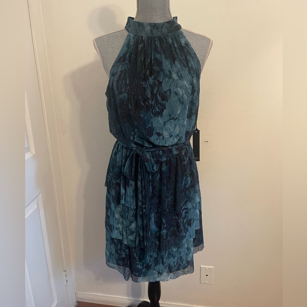 Nicole Miller Teal Floral Halter Mini Dress with Waist Tie. Size Medium